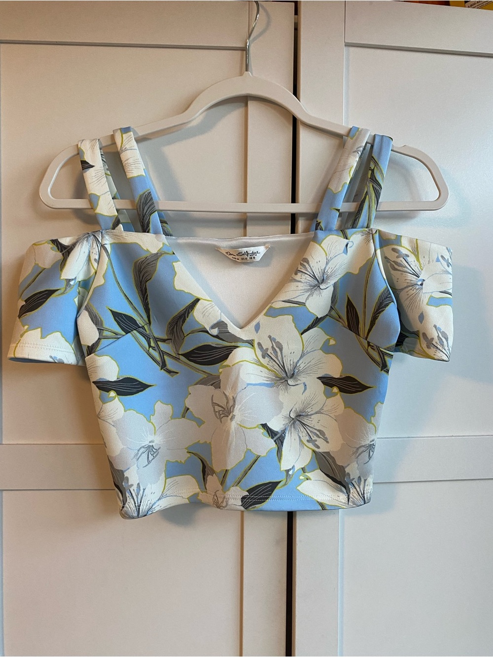 Miss Selfridge Pale Blue Floral Cold-Shoulder Crop Top